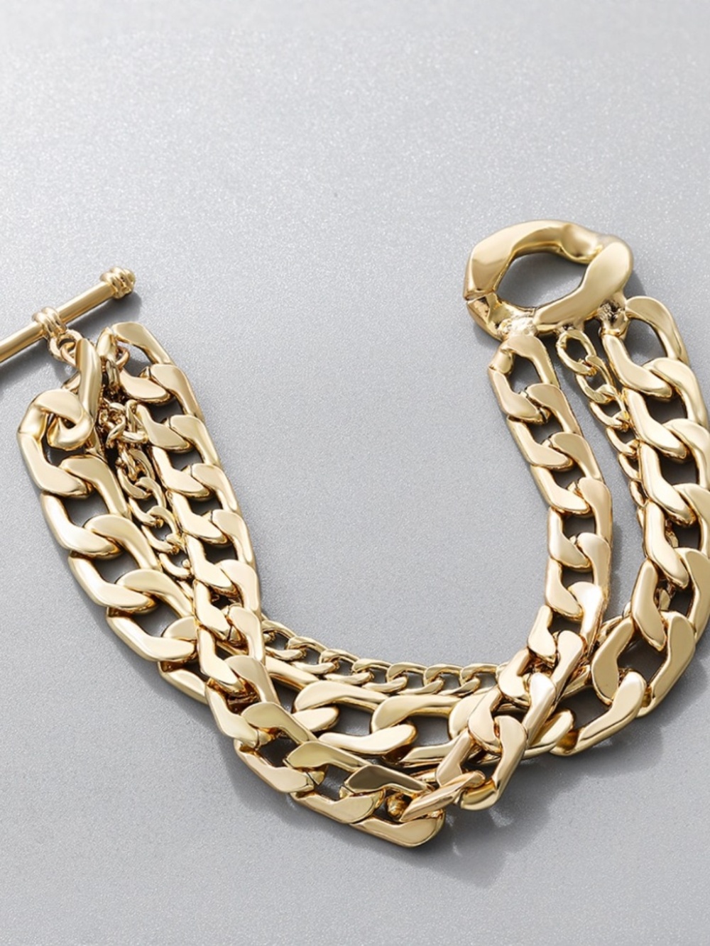 Gold Tone Triple Layer Chunky Curb Chain Bracelet